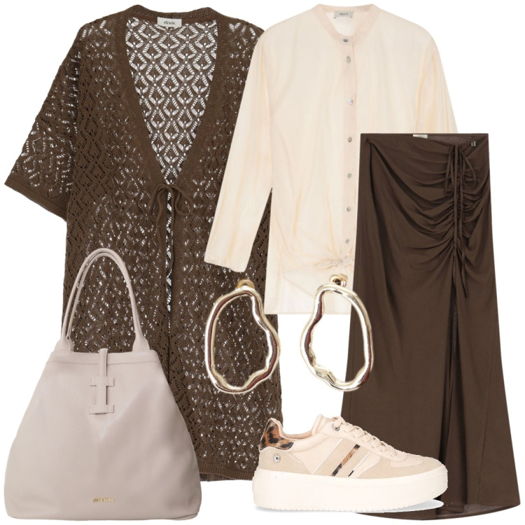 Outfit donna - Total look #2245506. Stile Casual chic per Tutti i giorni. Abbinamento con borse tote, camicie, gonne lunghe, trench, orecchini, sneakers.