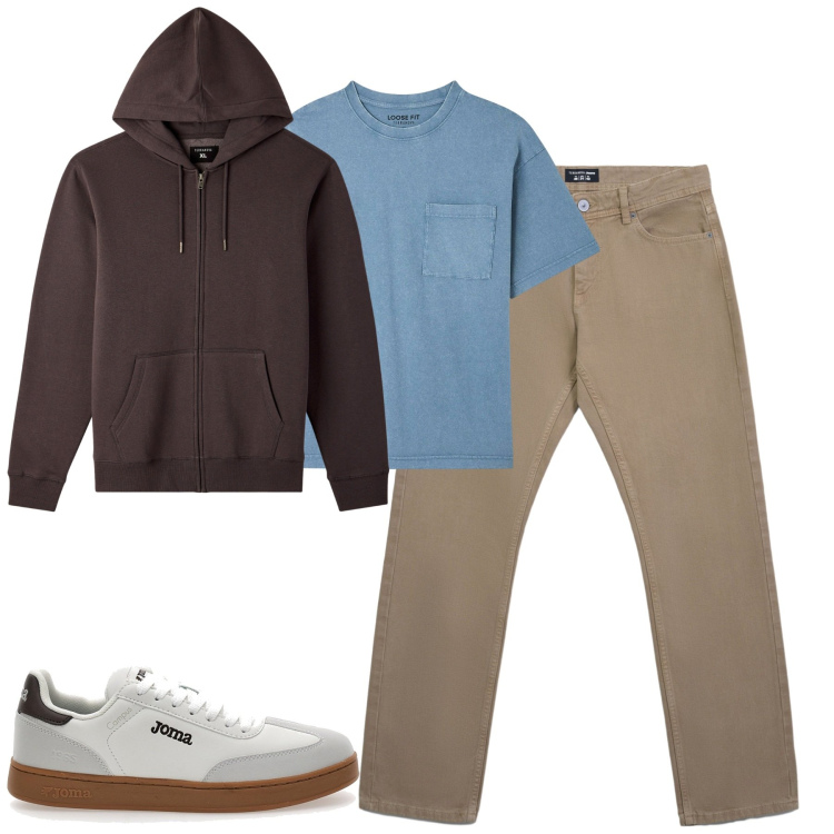 Outfit uomo - Fall. Stile Casual per Tutti i giorni. Abbinamento con t-shirt, jeans, felpe con cappuccio, sneakers.