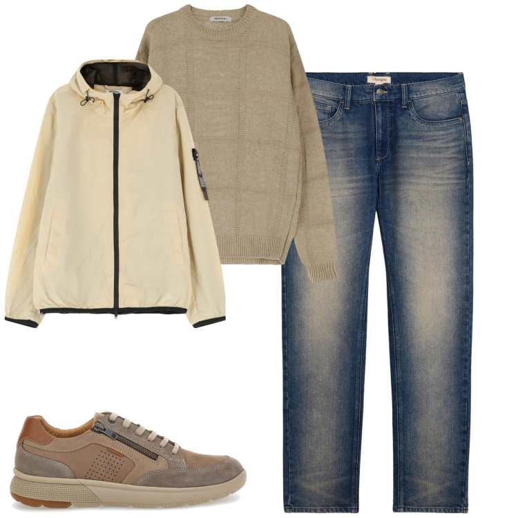 Outfit uomo - Autunno. Stile Casual per Tutti i giorni. Abbinamento con jeans dritti, pullovers, giacche, scarpe stringate.