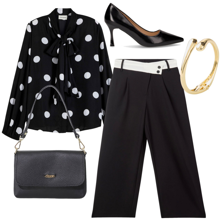 Outfit donna - A pois. Stile Bon Ton per Tutti i giorni. Abbinamento con camicie, braccialetti, pantaloni, borse a tracolla, décolleté.