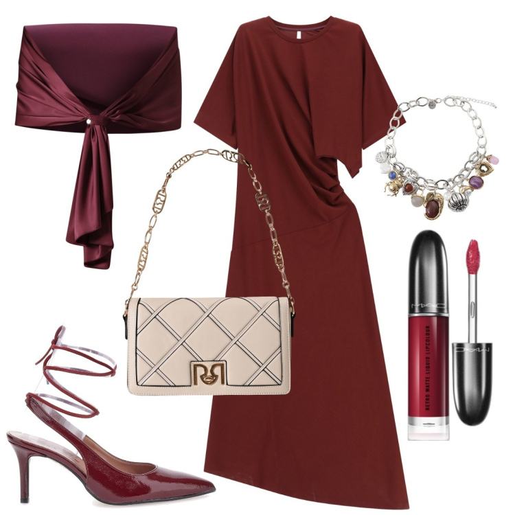 Outfit donna - L’abito elegante col drappeggio. Stile Chic per Cerimonia. Abbinamento con rossetti, scialli, borse a tracolla, vestiti lunghi, braccialetti con ciondoli, décolleté.