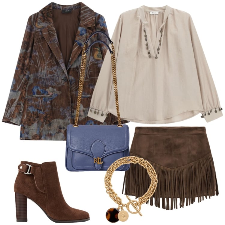 Outfit donna - Total look #2245516. Stile Boho per Tutti i giorni. Abbinamento con camicie, blazer, minigonne, borse a spalla, braccialetti con ciondoli, stivaletti.