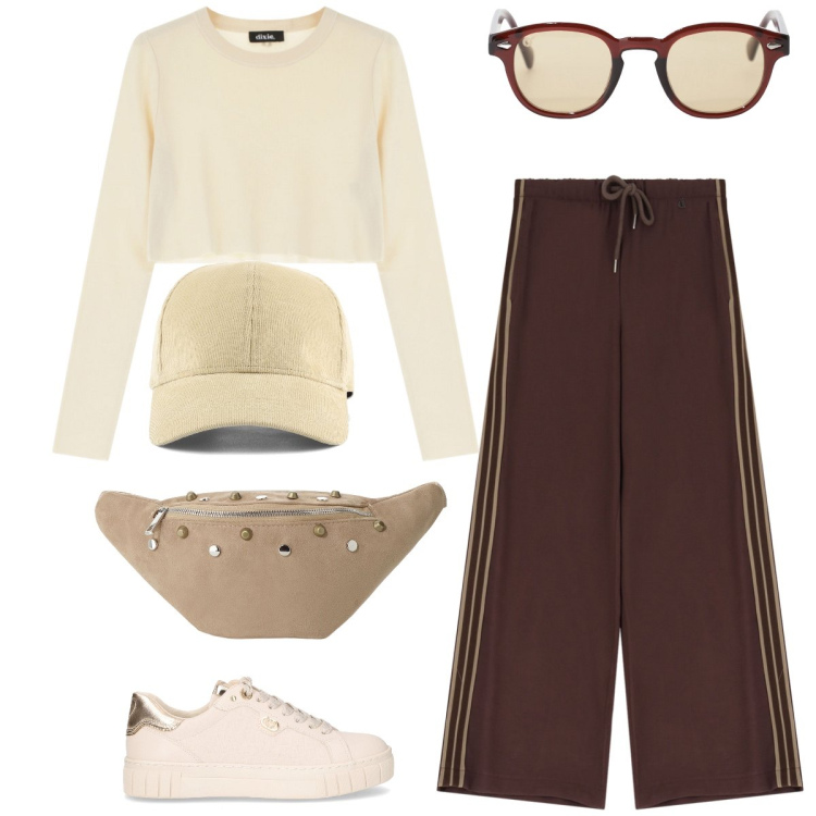 Outfit donna - Total look #2245521. Stile Sporty chic per Tutti i giorni. Abbinamento con occhiali da sole, pullovers, pantaloni, marsupi, sneakers, cappelli con visiera.