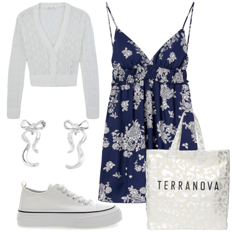 Outfit donna - Total look #2245523. Stile Casual per Tutti i giorni. Abbinamento con cardigans, orecchini, vestiti corti, borse tote, sneakers.