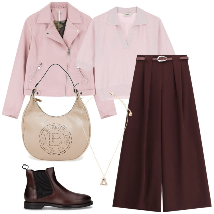 Outfit donna - Un po’ di rosa. Stile Casual chic per Tutti i giorni. Abbinamento con pantaloni a palazzo, blazer, ciondoli, maglieria, stivaletti chelsea, borse a spalla.