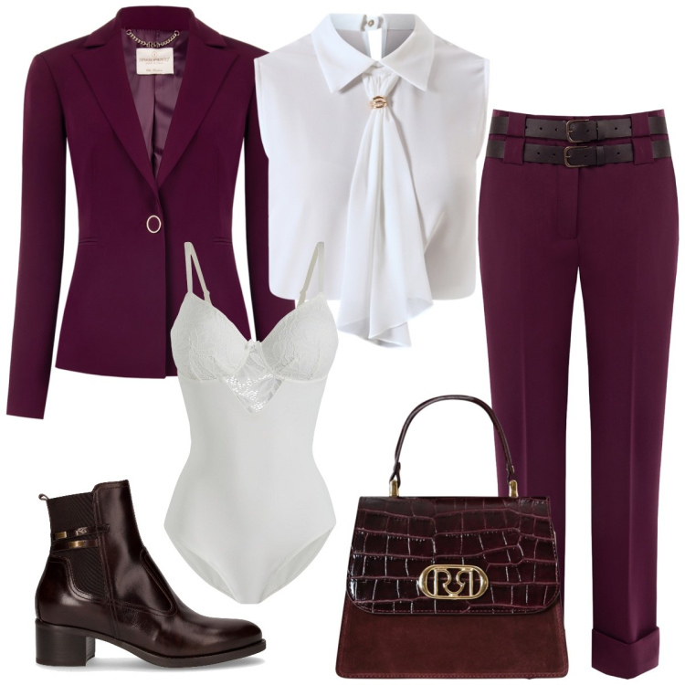 Outfit donna - Ufficio. Stile Chic per Ufficio. Abbinamento con body, pantaloni, blazer, borse a mano, top, stivaletti.