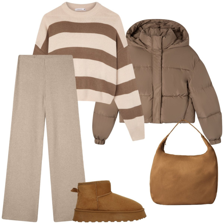 Outfit donna - Brrrr. Stile Casual per Tutti i giorni. Abbinamento con bomber, borse a mano, maglieria, pantaloni, stivali.