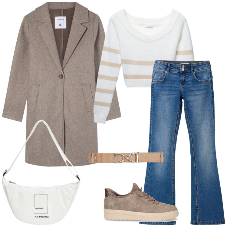 Outfit donna - Total look #2245538. Stile Casual per Tutti i giorni. Abbinamento con cinture, maglieria, jeans a zampa, marsupi, cappotti, sneakers.