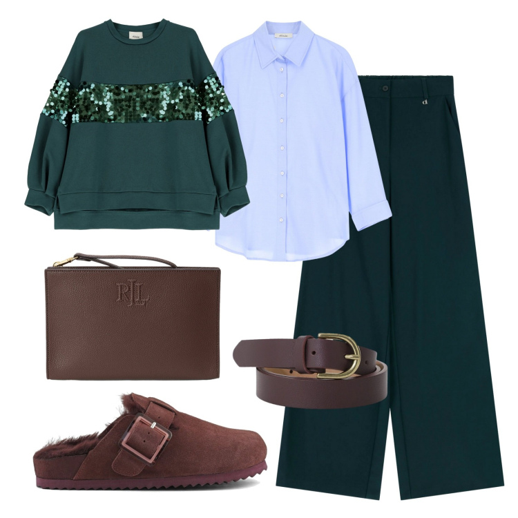 Outfit donna - Ispirazione dal bosco. Stile Casual per Tutti i giorni. Abbinamento con camicie, cinture, felpe, pantaloni a palazzo, pochette, sabot.