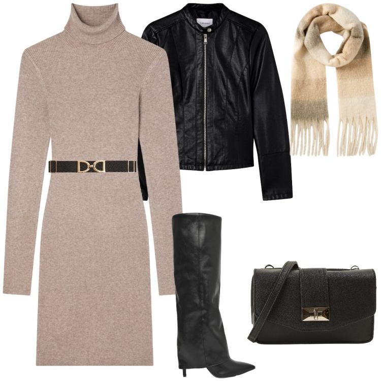 Outfit donna - Total look #2245541. Stile Casual chic per Serata fuori. Abbinamento con stivali, vestiti corti, cinture, borse a tracolla, giacche, sciarpe.
