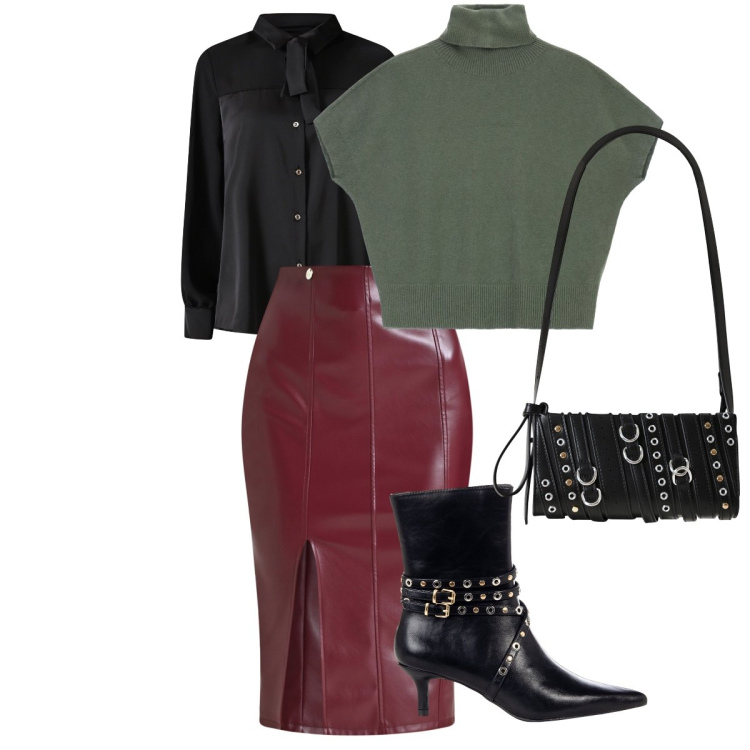 Outfit donna - Nero verde e bordeaux. Stile Rock per Ufficio. Abbinamento con gonne longuette, camicie, stivaletti, borse a spalla, maglieria.