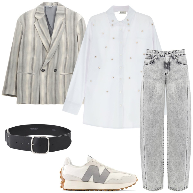 Outfit donna - In città. Stile Casual per Tutti i giorni. Abbinamento con sneakers, jeans, blazer, camicie, cinture.