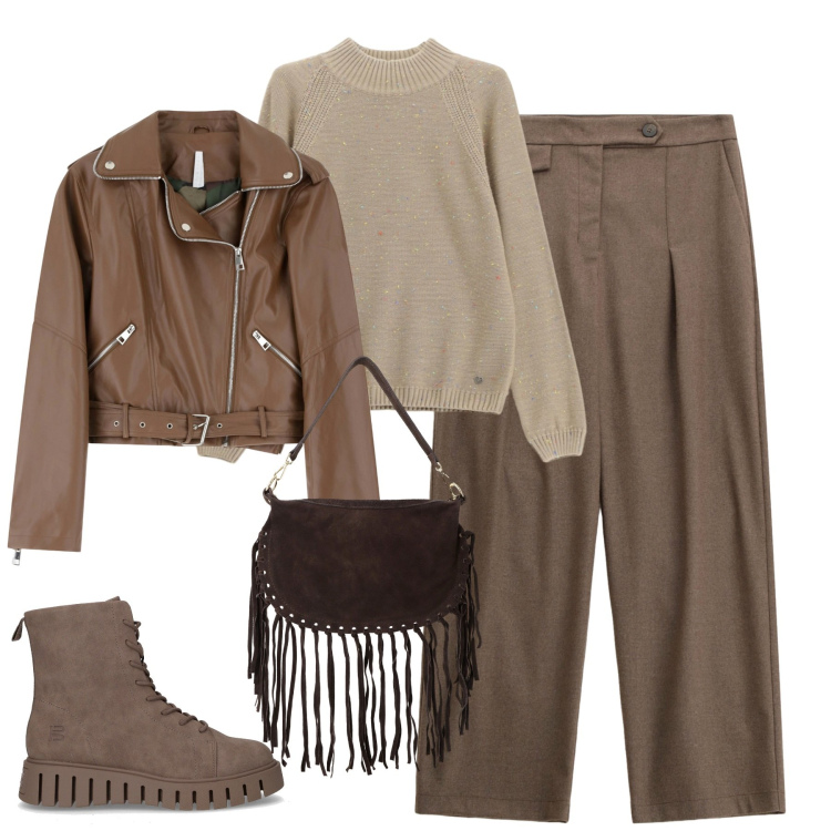 Outfit donna - Autunno. Stile Casual chic per Tutti i giorni. Abbinamento con maglieria, pantaloni, giacche, borse a tracolla, stivaletti.
