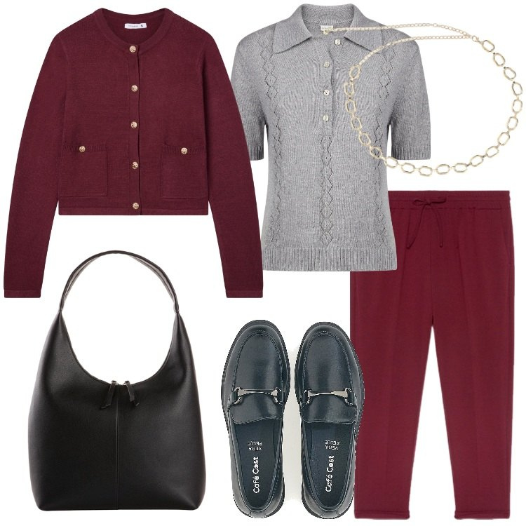 Outfit donna - Bordeaux Mood. Stile Preppy per Scuola/Università. Abbinamento con shopping bag, cardigans, collane, pantaloni, polo, mocassini.