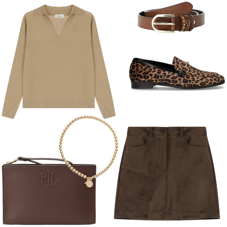 Outfit donna - Brownie raffinato. Stile Bon Ton per Tutti i giorni. Abbinamento con cinture, minigonne, maglieria, collane, pochette, mocassini.