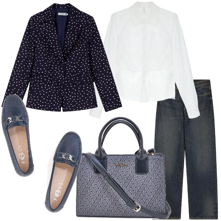 Outfit donna - Camicia bianca casual chic. Stile Casual chic per Ufficio. Abbinamento con jeans dritti, blazer, camicie, mocassini, borse a tracolla.