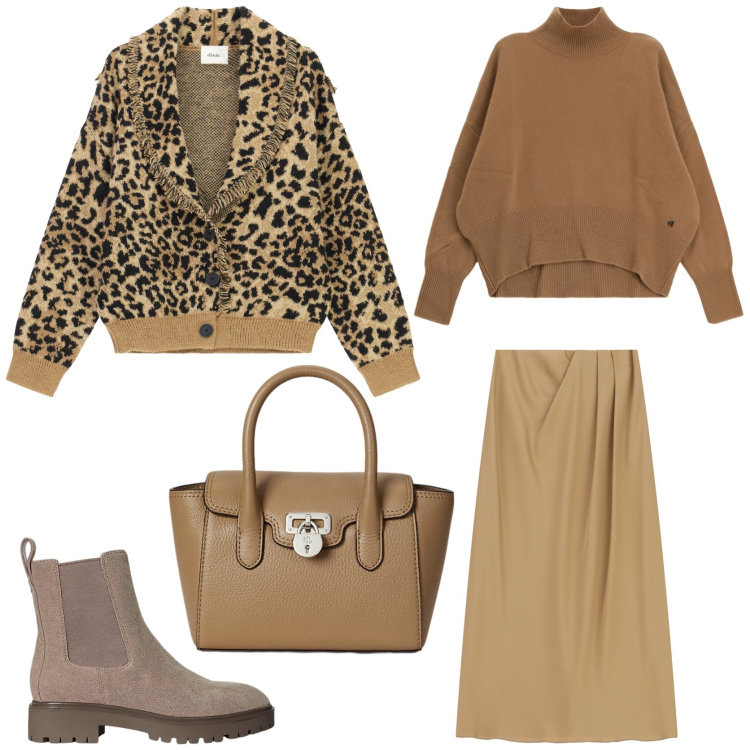 Outfit donna - Aperitivo con i colleghi. Stile Trendy per Serata fuori. Abbinamento con gonne lunghe, maglieria, cardigans, stivaletti chelsea, borse a mano.