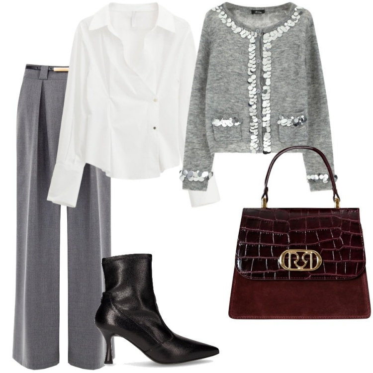 Outfit donna - Il cardigan bijoux. Stile Bon Ton per Serata fuori. Abbinamento con pantaloni a palazzo, borse a mano, camicie, cardigans, stivaletti.