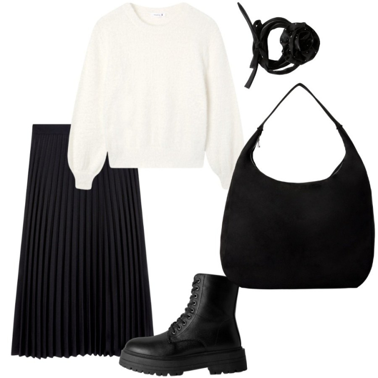 Outfit donna - Il maglione morbido oversize. Stile Casual chic per Ufficio. Abbinamento con collane, borse a mano, anfibi, gonne lunghe, maglieria.