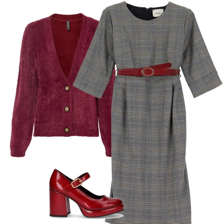 Outfit donna - Bordeaux Mood. Stile Casual chic per Serata fuori. Abbinamento con cardigans, cinture, vestiti, décolleté.