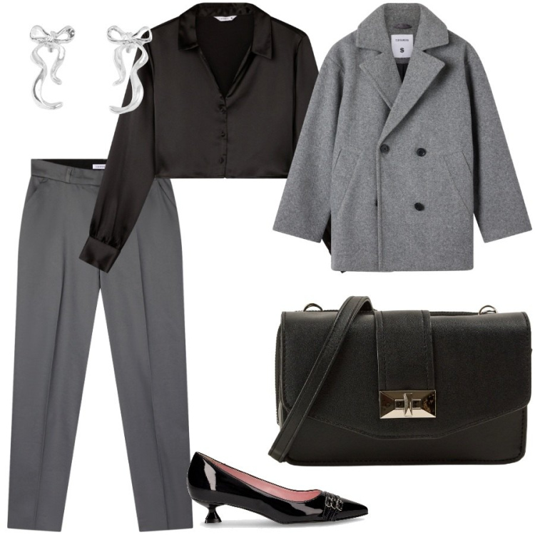 Outfit donna - La camicia cropped. Stile Chic per Serata fuori. Abbinamento con caban, camicie, orecchini, borse a tracolla, pantaloni chino, décolleté.