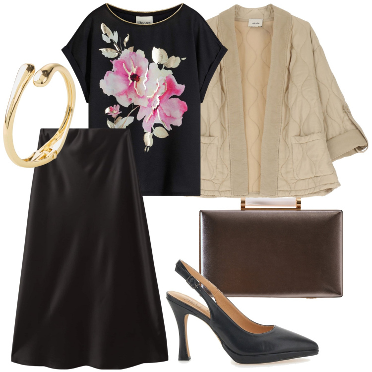 Outfit donna - Ristorante serale. Stile Chic per Serata fuori. Abbinamento con bluse, braccialetti, gonne lunghe, clutch, giacche, décolleté.