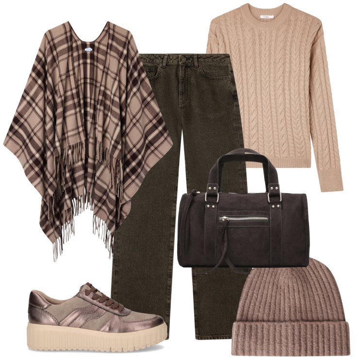 Outfit donna - Easy in tortora e testa di moro. Stile Casual per Tutti i giorni. Abbinamento con borse a mano, jeans dritti, cappotti, maglieria, berretti, sneakers.