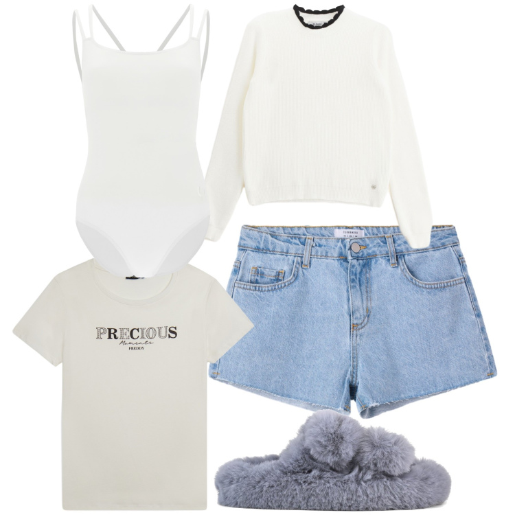 Outfit donna - Una sera d autunno a casa. Stile Casual per Tutti i giorni. Abbinamento con shorts, pullovers, body, t-shirt, ciabatte.