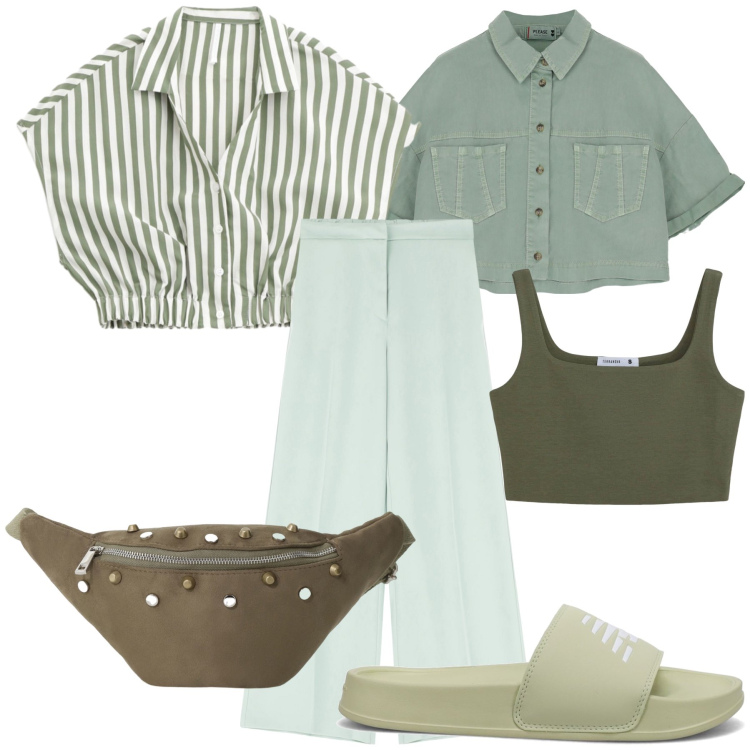 Outfit donna - Verde. Stile Casual chic per Tutti i giorni. Abbinamento con reggiseni, ciabatte, cappotti, pantaloni, camicie a manica corta, marsupi.