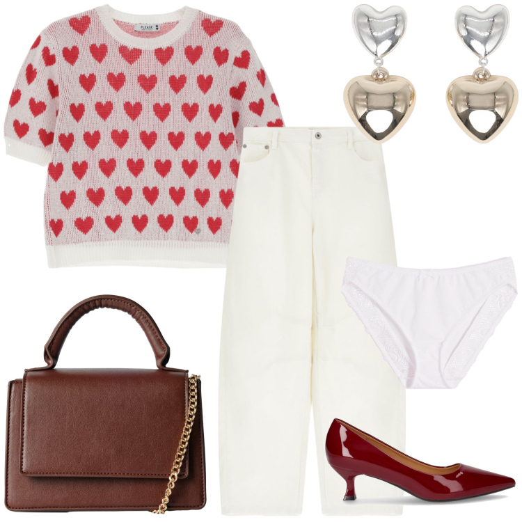 Outfit donna - Cuoricini in ufficio. Stile Urban per Ufficio. Abbinamento con culotte, orecchini, borse a tracolla, jeans, maglieria, décolleté.