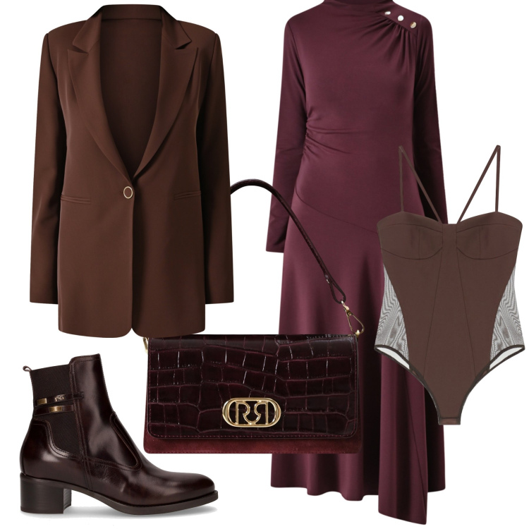 Outfit donna - Cena coi capi. Stile Glamour per Serata fuori. Abbinamento con vestiti midi/longuette, borse a mano, blazer, body, stivaletti.