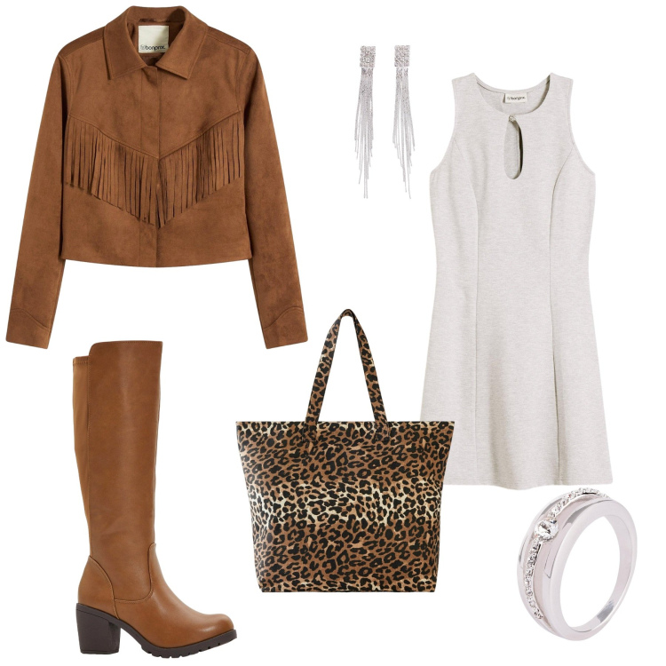 Outfit donna - Animalier Over the top. per Serata fuori. Abbinamento con stivali, shopping bag, orecchini, anelli, blazer, vestiti corti.