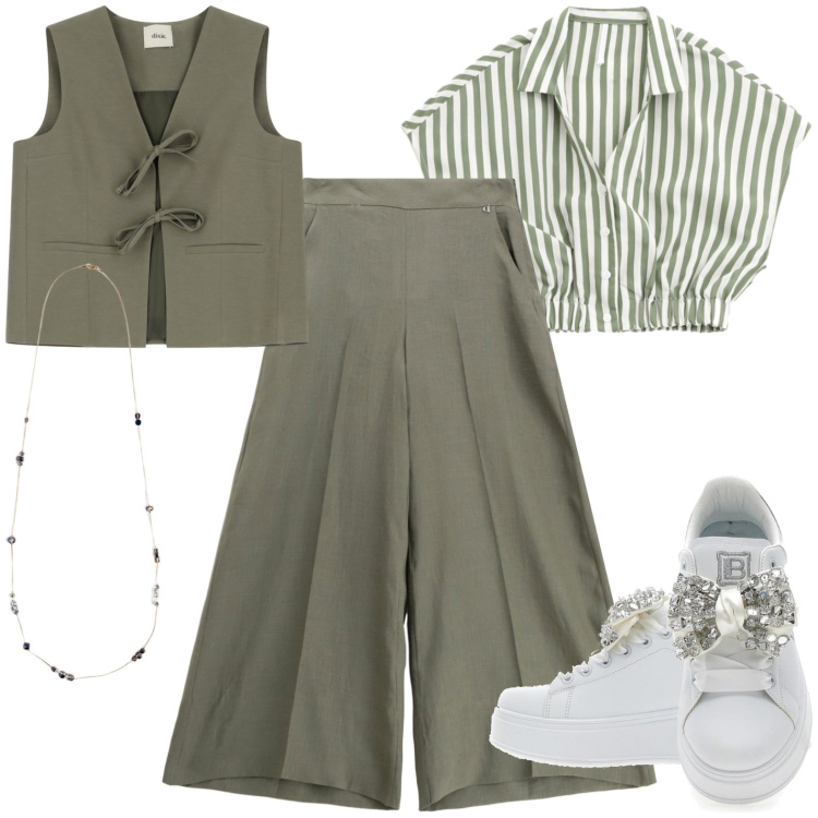 Outfit donna - Brillantini e righe. Stile Casual per Ufficio. Abbinamento con camicie a manica corta, pantaloni, gilet, sneakers, collane.