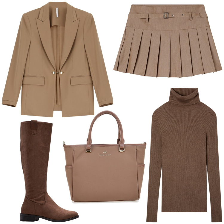 Outfit donna - Autumn collection. Stile Trendy per Tutti i giorni. Abbinamento con stivali, maglieria, minigonne, blazer, borse a tracolla.