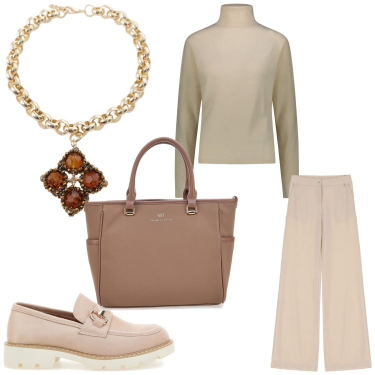 Outfit donna - Autunno love. Stile Chic per Ufficio. Abbinamento con collane, pantaloni, pullovers, borse a tracolla, mocassini.