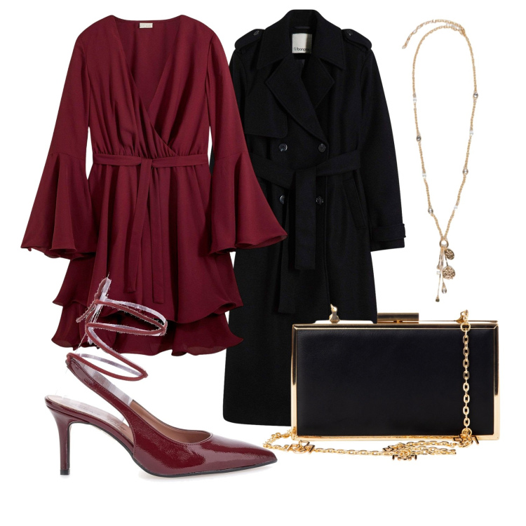 Outfit donna - Serata glam. Stile Glamour per Serata fuori. Abbinamento con vestiti, trench, pochette, décolleté, ciondoli.