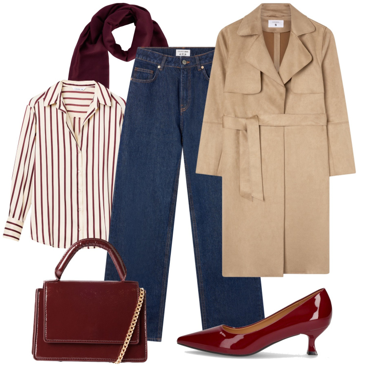 Outfit donna - Il trench effetto dainetto. Stile Casual chic per Ufficio. Abbinamento con camicie, jeans, borse a tracolla, foulard, trench, décolleté.