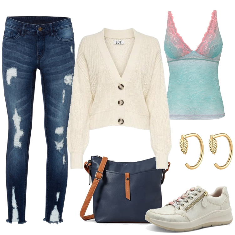 Outfit femme - Mélanie. Style Basique pour Tous les jours. Assortir avec hauts, jean déchiré, sneakers, gilets, boucles d'oreilles, sacs en bandoulière.