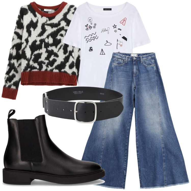Outfit donna - Bianco rosso e non solo. Stile Casual per Scuola/Università. Abbinamento con pullovers, jeans a zampa, cinture, t-shirt, stivaletti.