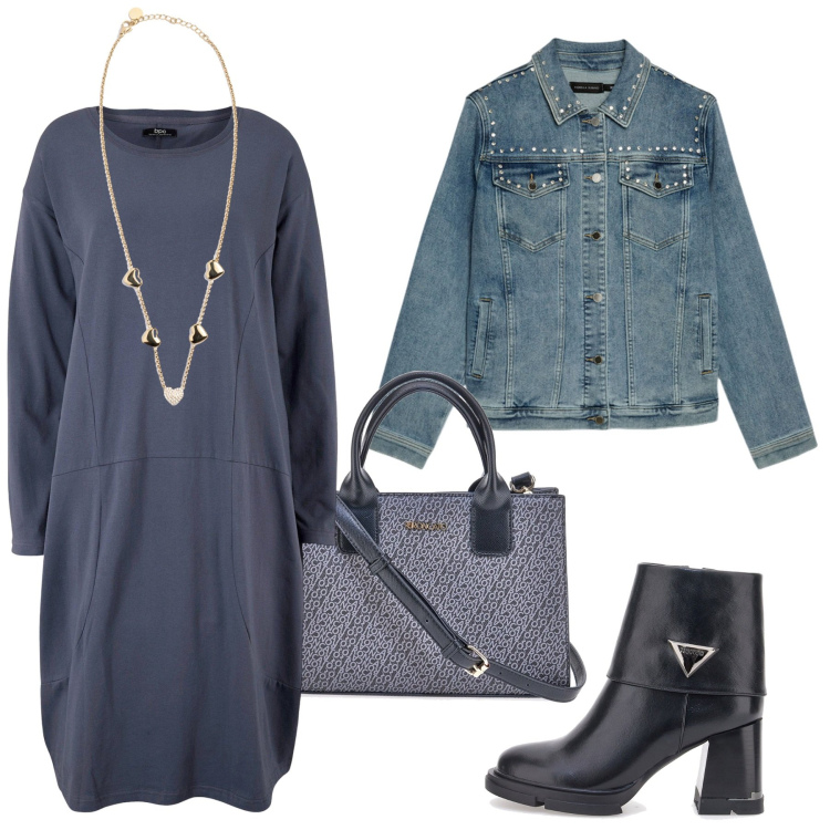 Outfit donna - Total look #2245612. Stile Basic per Ufficio. Abbinamento con vestiti, collane, stivaletti, blazer, borse a tracolla.