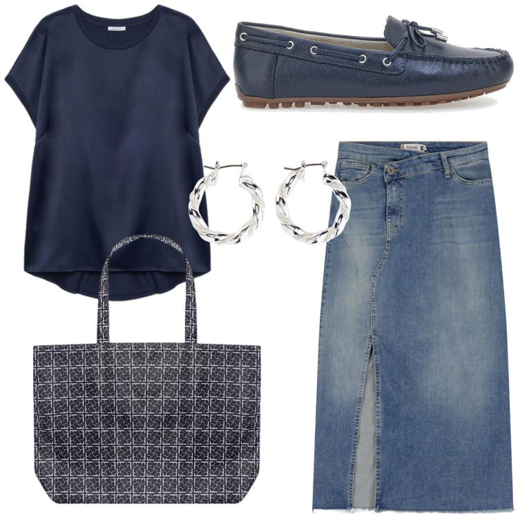Outfit donna - Rientro di lunedì. Stile Casual chic per Scuola/Università. Abbinamento con orecchini, gonne longuette, mocassini, shopping bag, bluse.