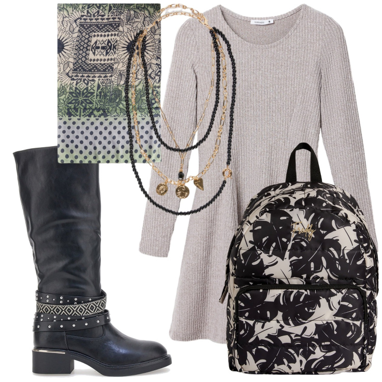 Outfit donna - Total look #2245616. Stile Boho per Ufficio. Abbinamento con vestiti corti, zaini, stivali, collane, stole.