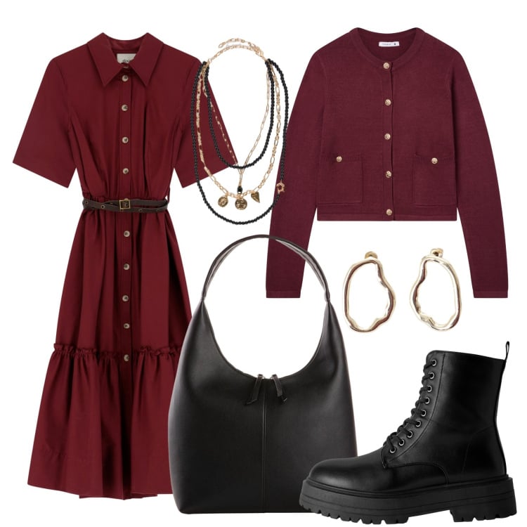 Outfit donna - Abito e anfibi. Stile Casual chic per Tutti i giorni. Abbinamento con shopping bag, cardigans, anfibi, orecchini, vestiti midi/longuette, collane.
