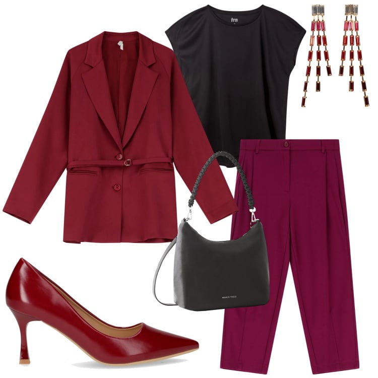 Outfit donna - Bordeaux Mood. Stile Casual chic per Serata fuori. Abbinamento con orecchini, borse a mano, t-shirt, pantaloni, blazer, décolleté.