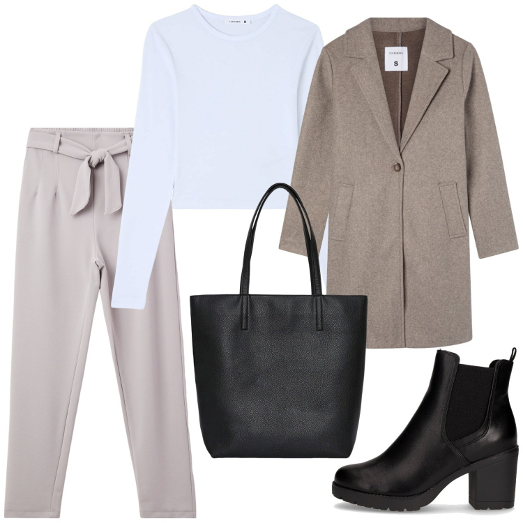 Outfit donna - Total look #2245621. Stile Minimal per Tutti i giorni. Abbinamento con t-shirt, borse tote, pantaloni chino, cappotti, stivaletti.