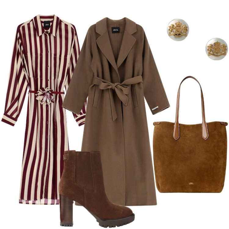 Outfit donna - Abito con cintura a fiore. Stile Chic per Serata fuori. Abbinamento con vestiti midi/longuette, cappotti, orecchini, borse tote, stivaletti chelsea.