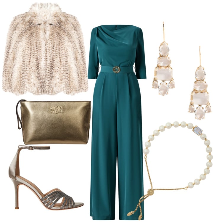 Outfit donna - Cerimonia green and gold. Stile Chic per Cerimonia. Abbinamento con vestiti chemisier, ecopellicce, braccialetti, orecchini, pochette, sandali gioiello.
