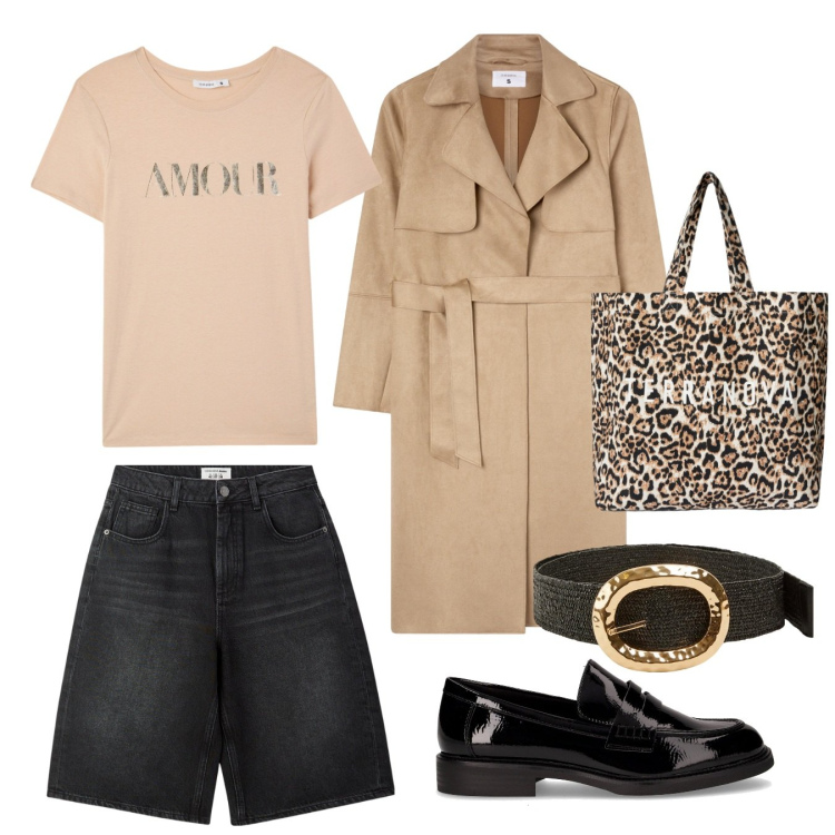 Outfit donna - Autunno alle porte. Stile Casual chic per Tutti i giorni. Abbinamento con bermuda, t-shirt, cinture, borse tote, trench, mocassini.