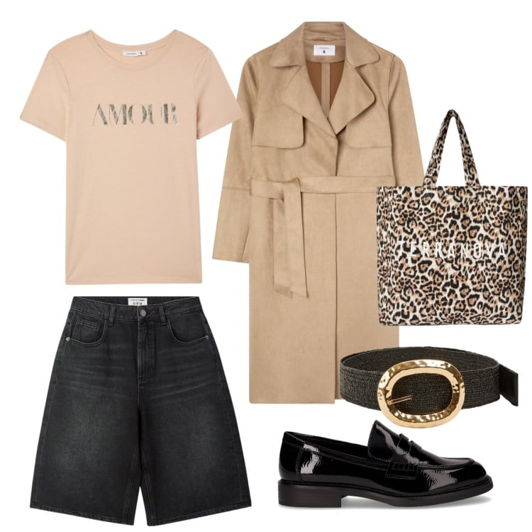 Outfit donna - Autunno alle porte. Stile Casual chic per Tutti i giorni. Abbinamento con trench, t-shirt, cinture, bermuda, borse tote, mocassini.