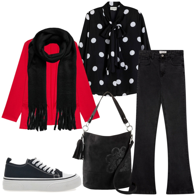 Outfit donna - Total look #2245633. Stile Casual chic per Tutti i giorni. Abbinamento con borse a mano, camicie, jeans a zampa, sciarpe, sneakers, blazer.